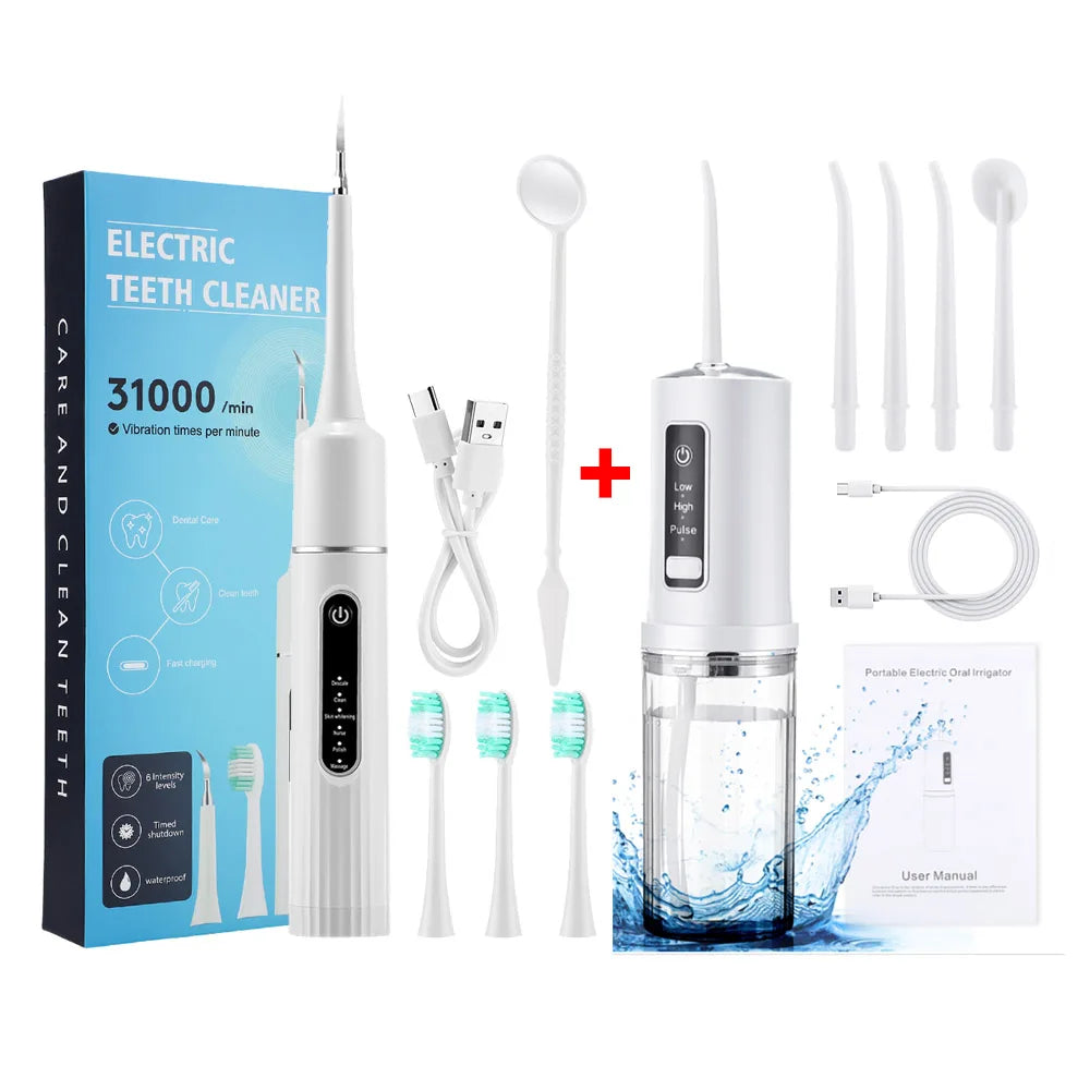 Wireless Water Flosser Electric Toothbrush Dental Scaler Smile Pro Set - White and White